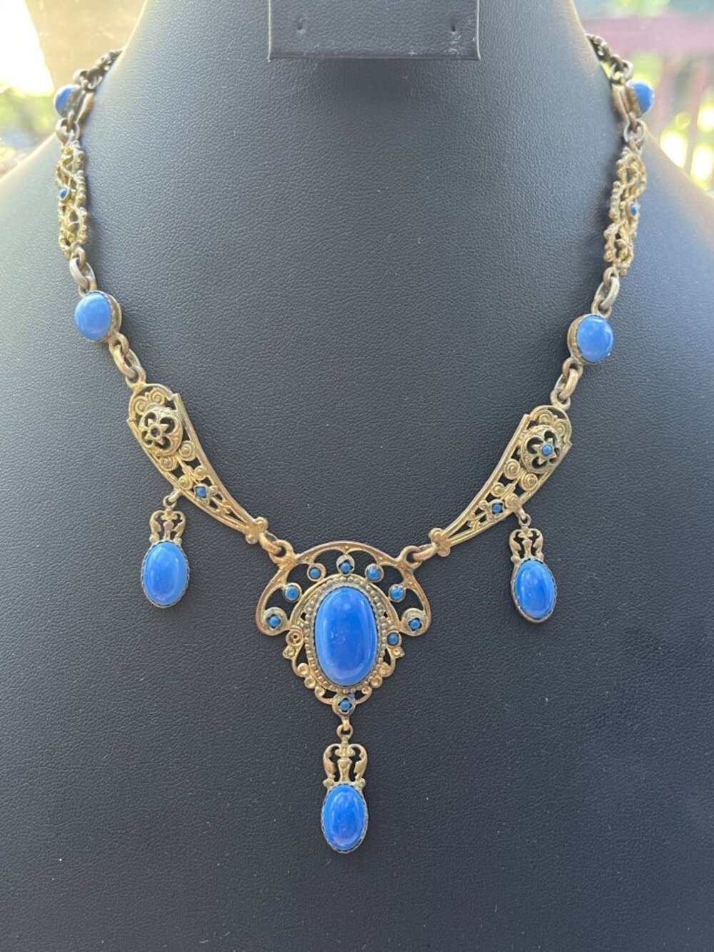 Vtg Art Nouveau Blue Glass Stone Gold Tone Necklace Signed Made in France - Picture 6 of 16